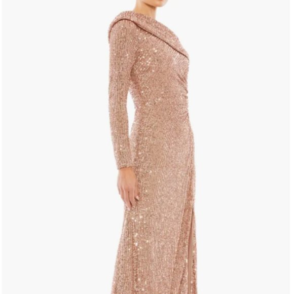 MAC DUGGAL 26571 OFF THE SHOULDER ONE LONG SLEEVE SEQUIN COPPER GOWN sz 4 - Picture 3 of 4
